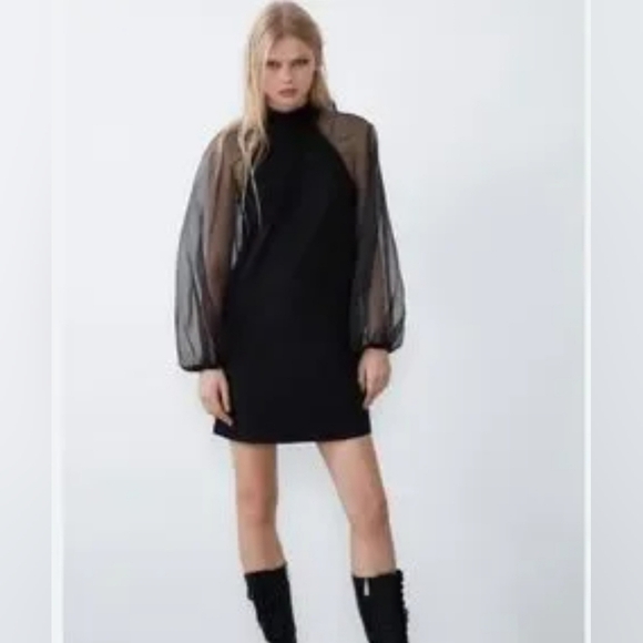 Zara Dresses & Skirts - Zara Dress Sheer Puff Long Sleeves Bow Tie Size M